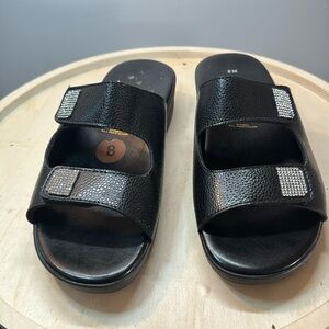 Italian Shoemaker Black Leather Cyndy Two Strap Thick Sole slide on Sandals